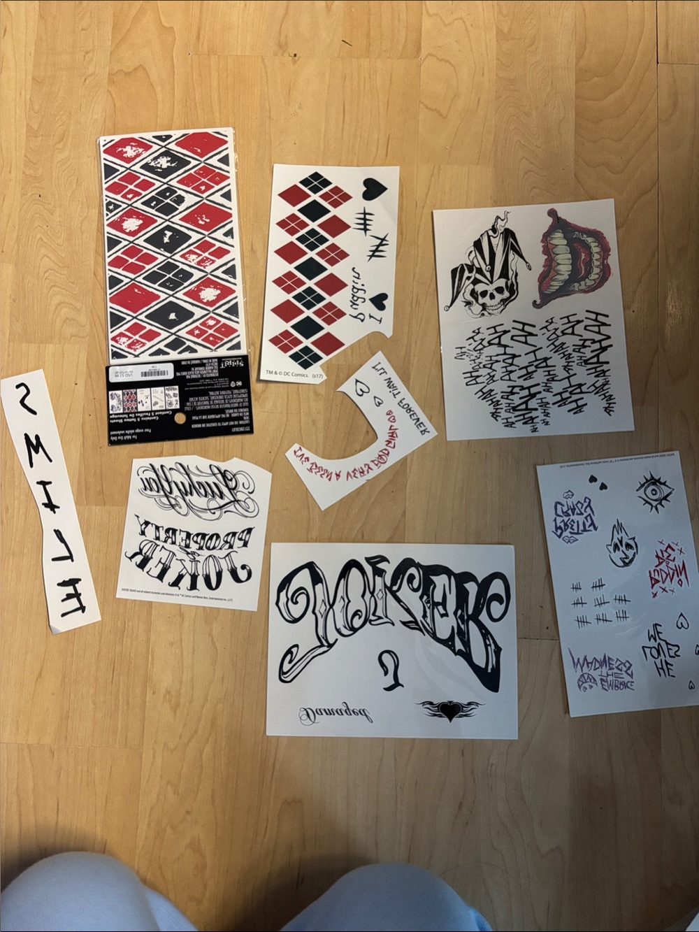 Suicide Squad -Harley Quinn Joker Temporary Tattoo Sheet Set - Black, Red, White